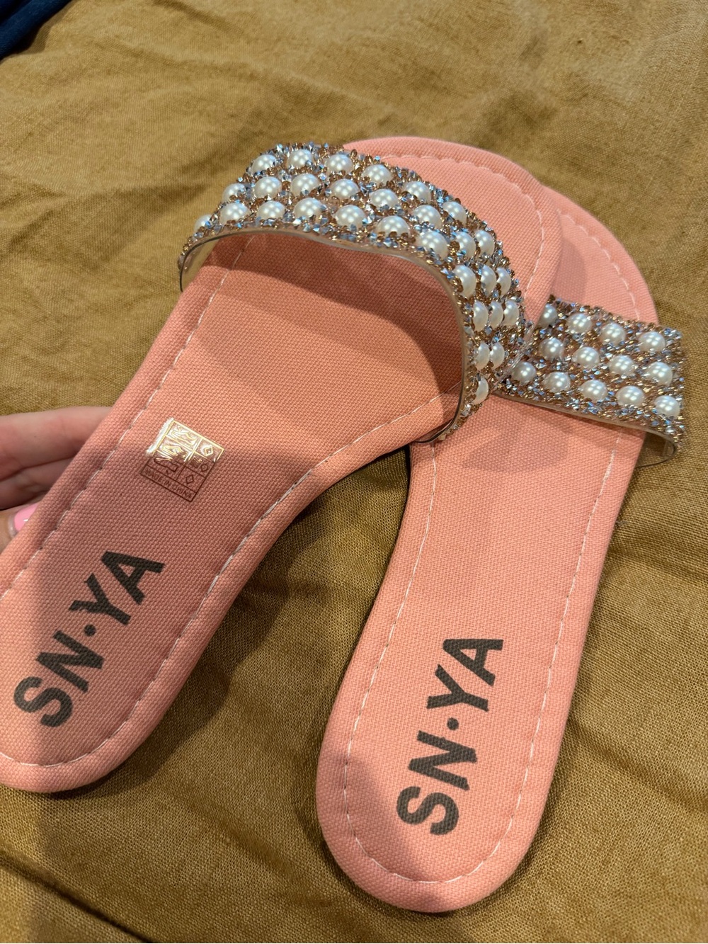 SHEIN Pink Pearl & Rhinestone Slide Sandals
